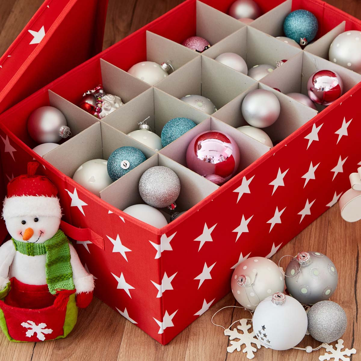 Boîte de rangement en tissu pour décorations de Noël - Rouge à étoiles